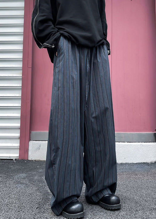 Striped Black Pockets Elastic Waist Cotton Wide Leg Pants Fall