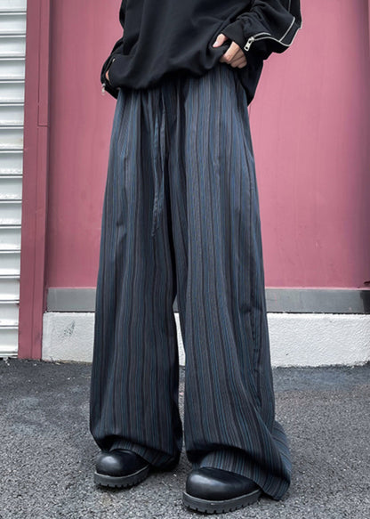 Striped Black Pockets Elastic Waist Cotton Wide Leg Pants Fall