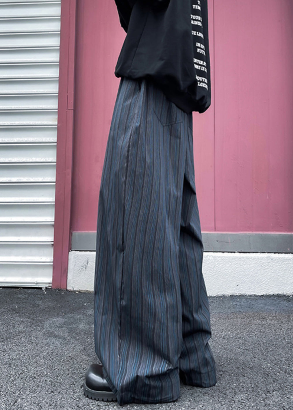 Striped Black Pockets Elastic Waist Cotton Wide Leg Pants Fall