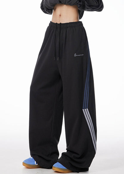 Striped Black Pockets Warm Fleece Pants Elastic Waist Spring
