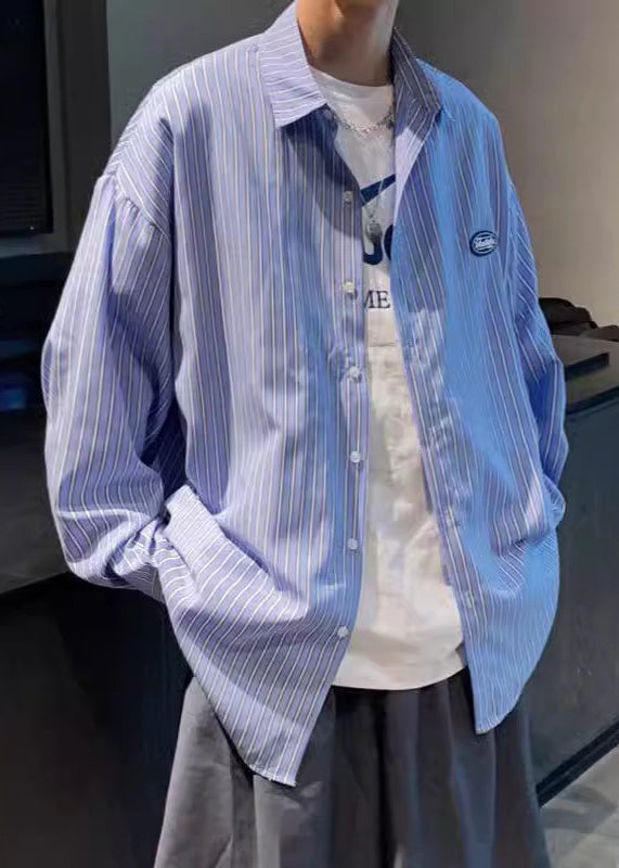 Striped Blue Button Cotton Men Shirts Peter Pan Collar Spring