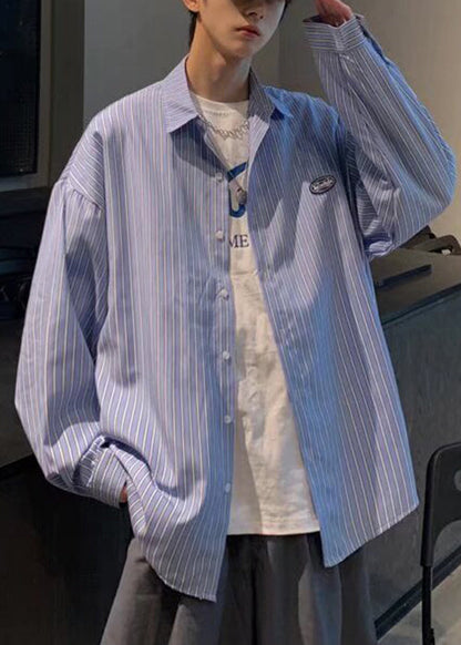 Striped Blue Button Cotton Men Shirts Peter Pan Collar Spring