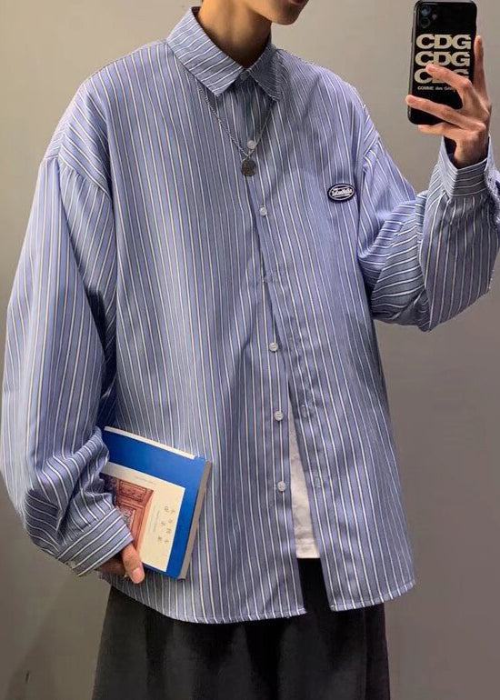 Striped Blue Button Cotton Men Shirts Peter Pan Collar Spring