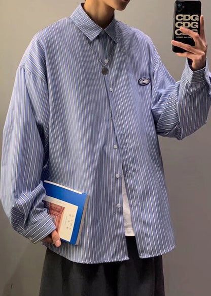 Striped Blue Button Cotton Men Shirts Peter Pan Collar Spring