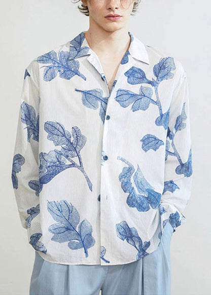 Striped Blue Button Print Cotton Mens Shirts Spring