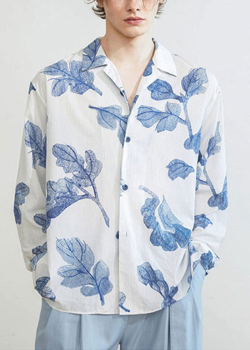 Striped Blue Button Print Cotton Shirts Spring