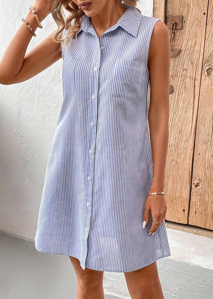 Striped Blue Peter Pan Collar Button Cotton Shirts Dress Sleeveless