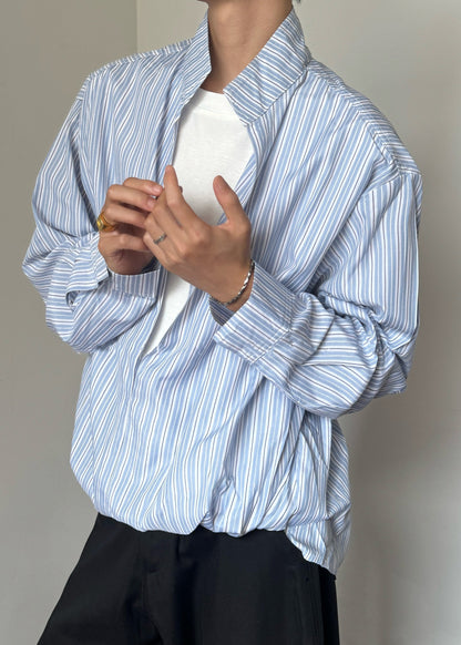 Striped Blue Stand Collar False Two Pieces Cotton Men Shirts Fall