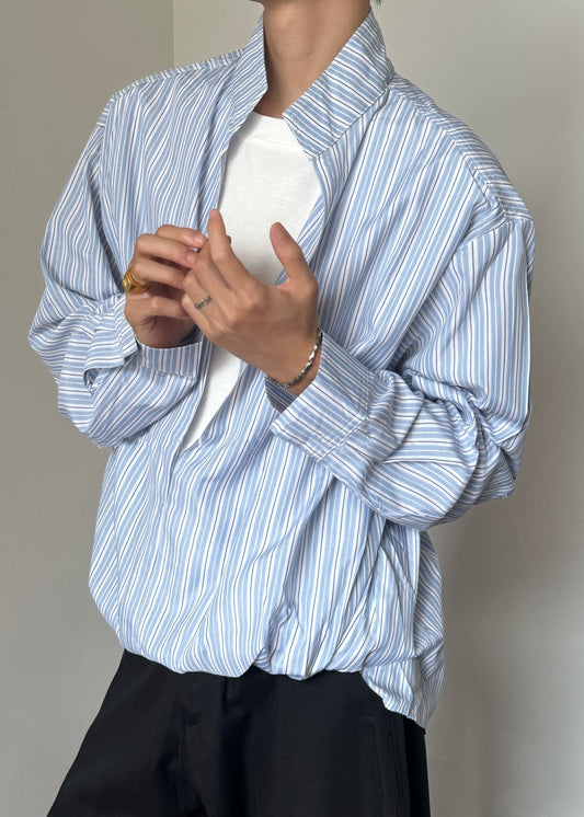 Striped Blue Stand Collar False Two Pieces Cotton Men Shirts Fall