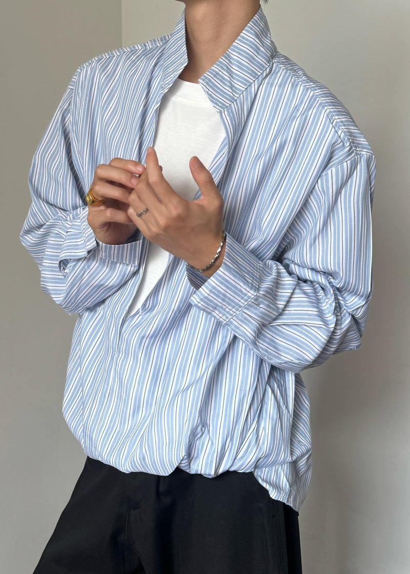 Striped Blue Stand Collar False Two Pieces Cotton Shirts Fall