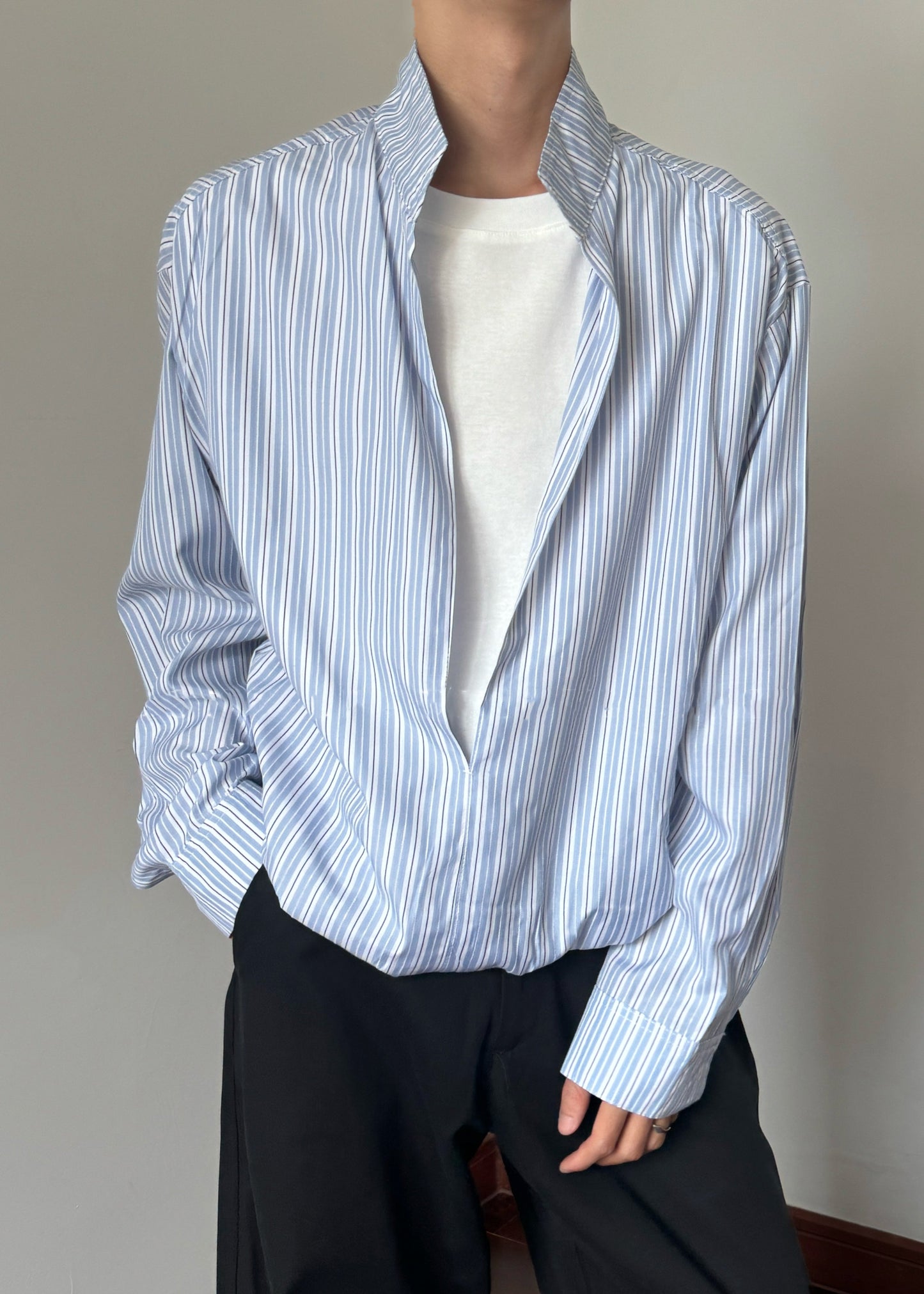 Striped Blue Stand Collar False Two Pieces Cotton Men Shirts Fall