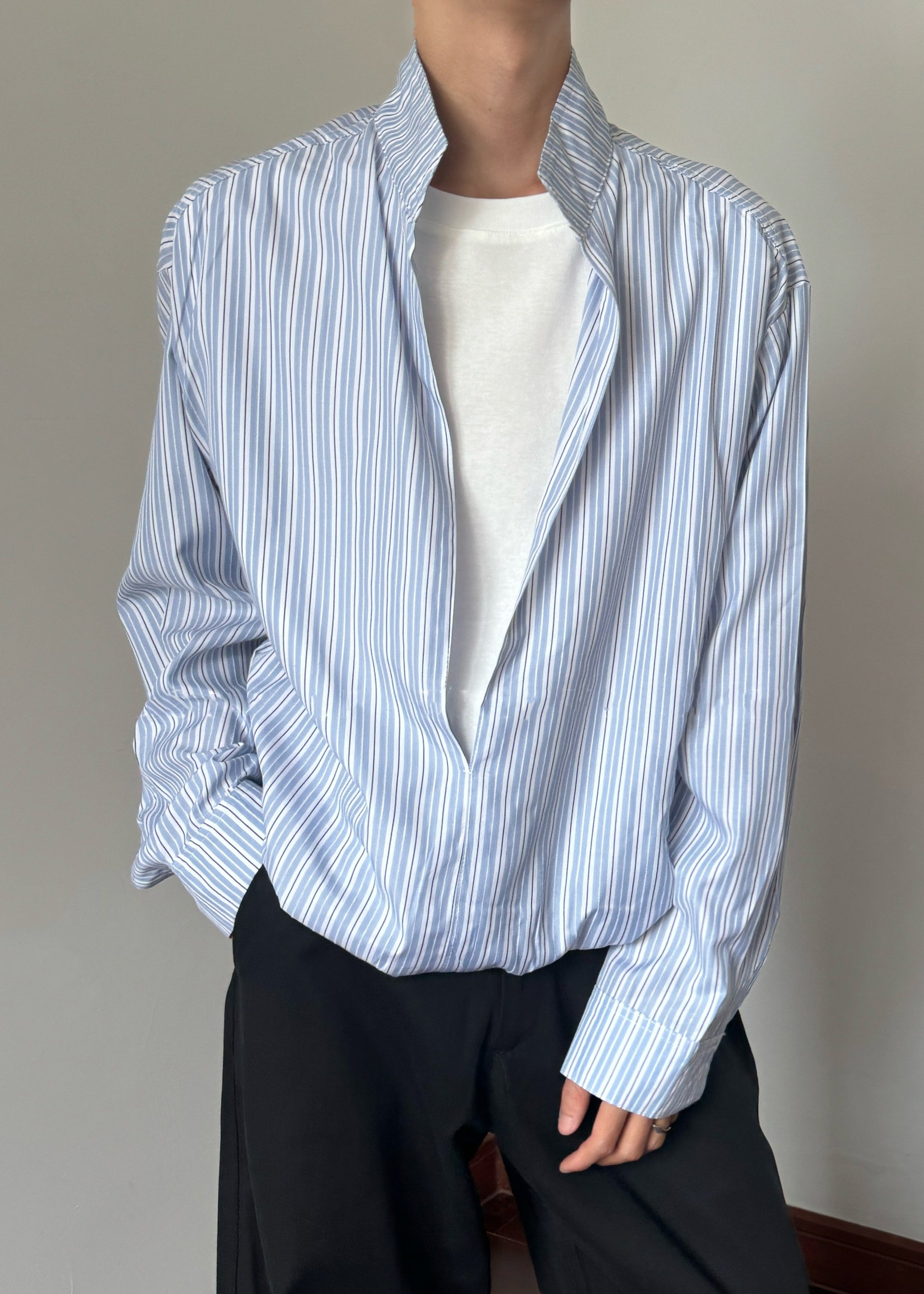 Striped Blue Stand Collar False Two Pieces Cotton Men Shirts Fall