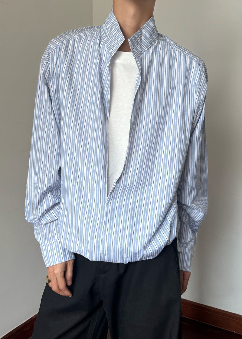 Striped Blue Stand Collar False Two Pieces Cotton Shirts Fall