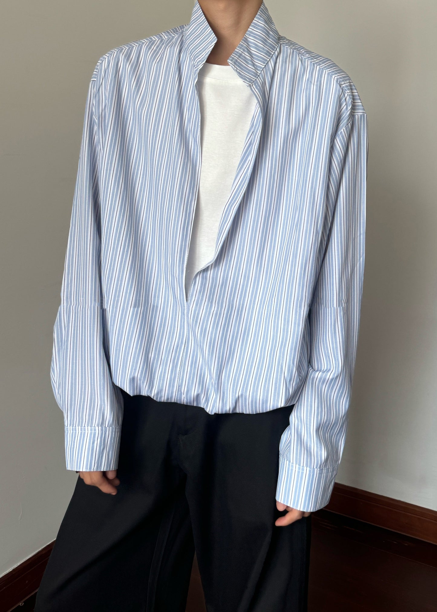 Striped Blue Stand Collar False Two Pieces Cotton Men Shirts Fall
