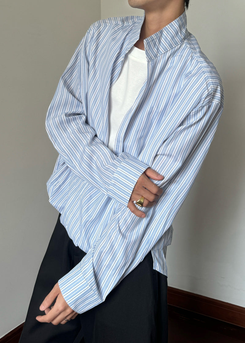 Striped Blue Stand Collar False Two Pieces Cotton Shirts Fall