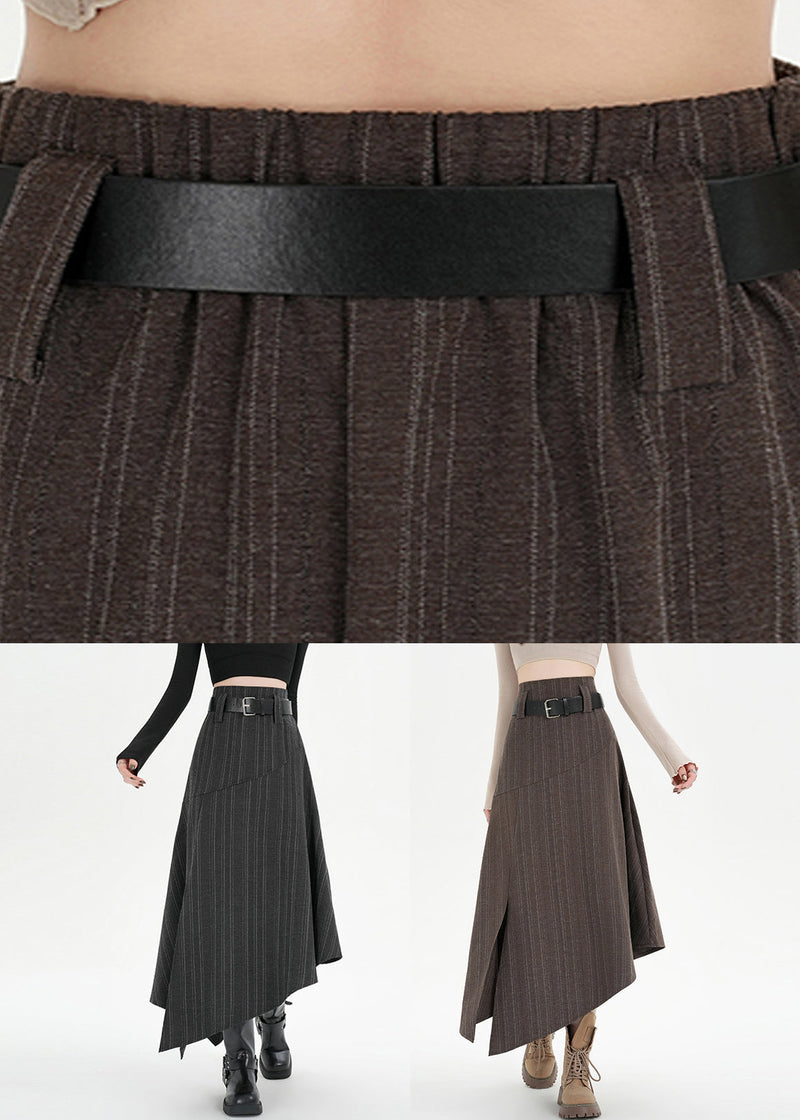 Striped Dark Gray Asymmetrical Side Open Spandex Skirt Fall