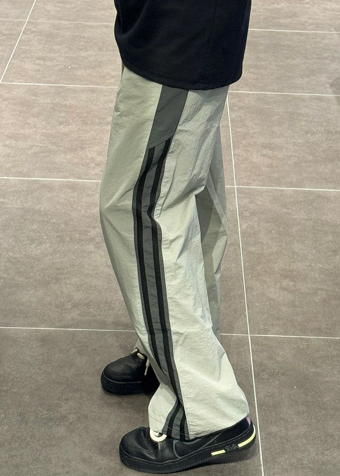 Striped Green Elastic Waist Patchwork Thin Cotton Pants Summer