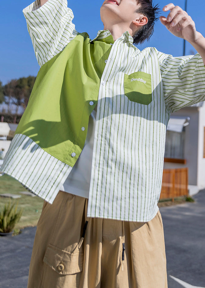 Striped Green Letter Patchwork Cotton Shirts Half Sleeve