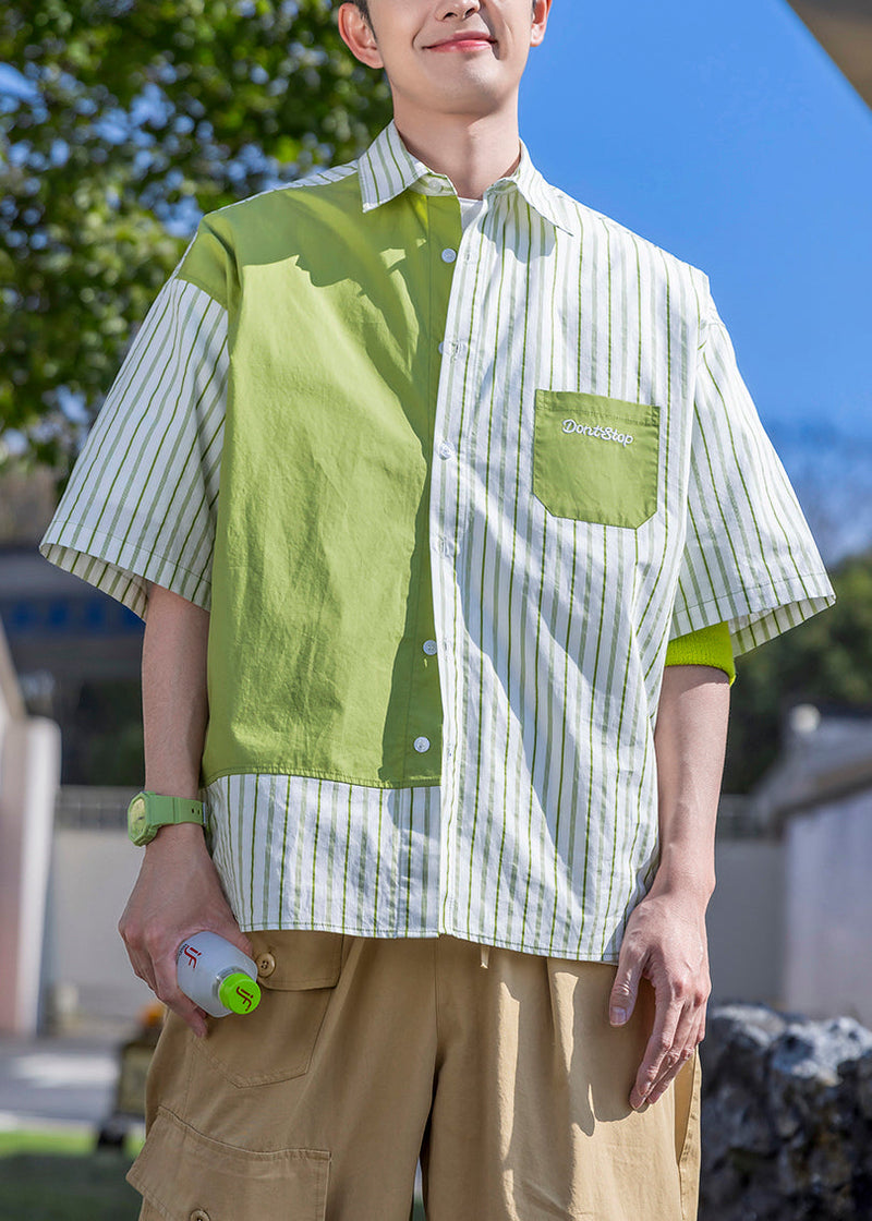Striped Green Letter Patchwork Cotton Shirts Half Sleeve