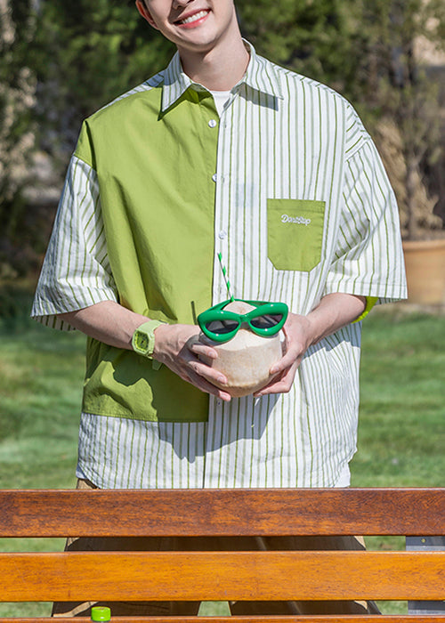 Striped Green Letter Patchwork Cotton Shirts Half Sleeve