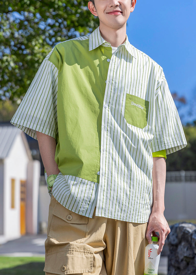 Striped Green Letter Patchwork Cotton Shirts Half Sleeve