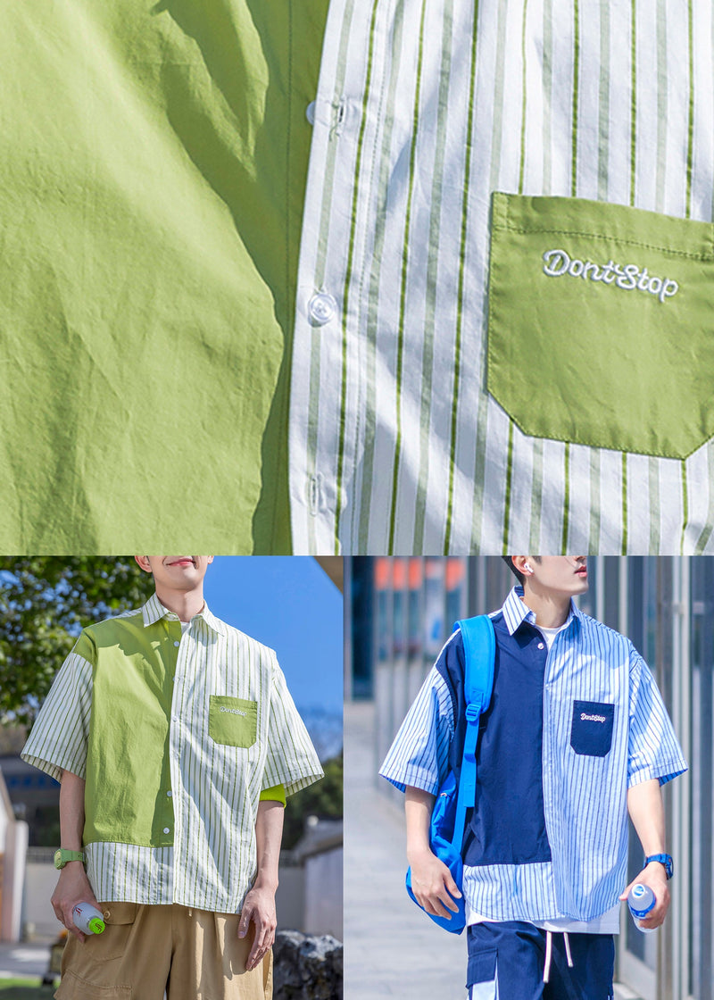 Striped Green Letter Patchwork Cotton Shirts Half Sleeve