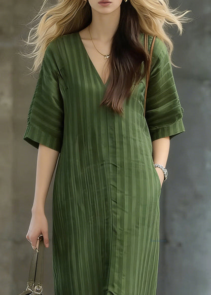 Striped Green Pockets Front Open Linen Long Dress Summer