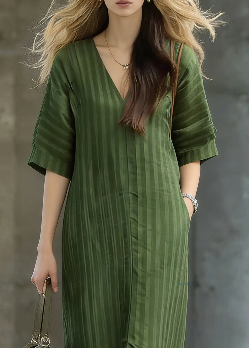 Striped Green Pockets Front Open Linen Long Dress Summer