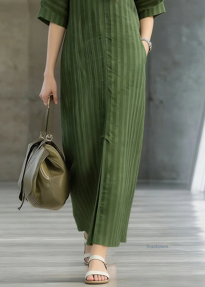 Striped Green Pockets Front Open Linen Long Dress Summer