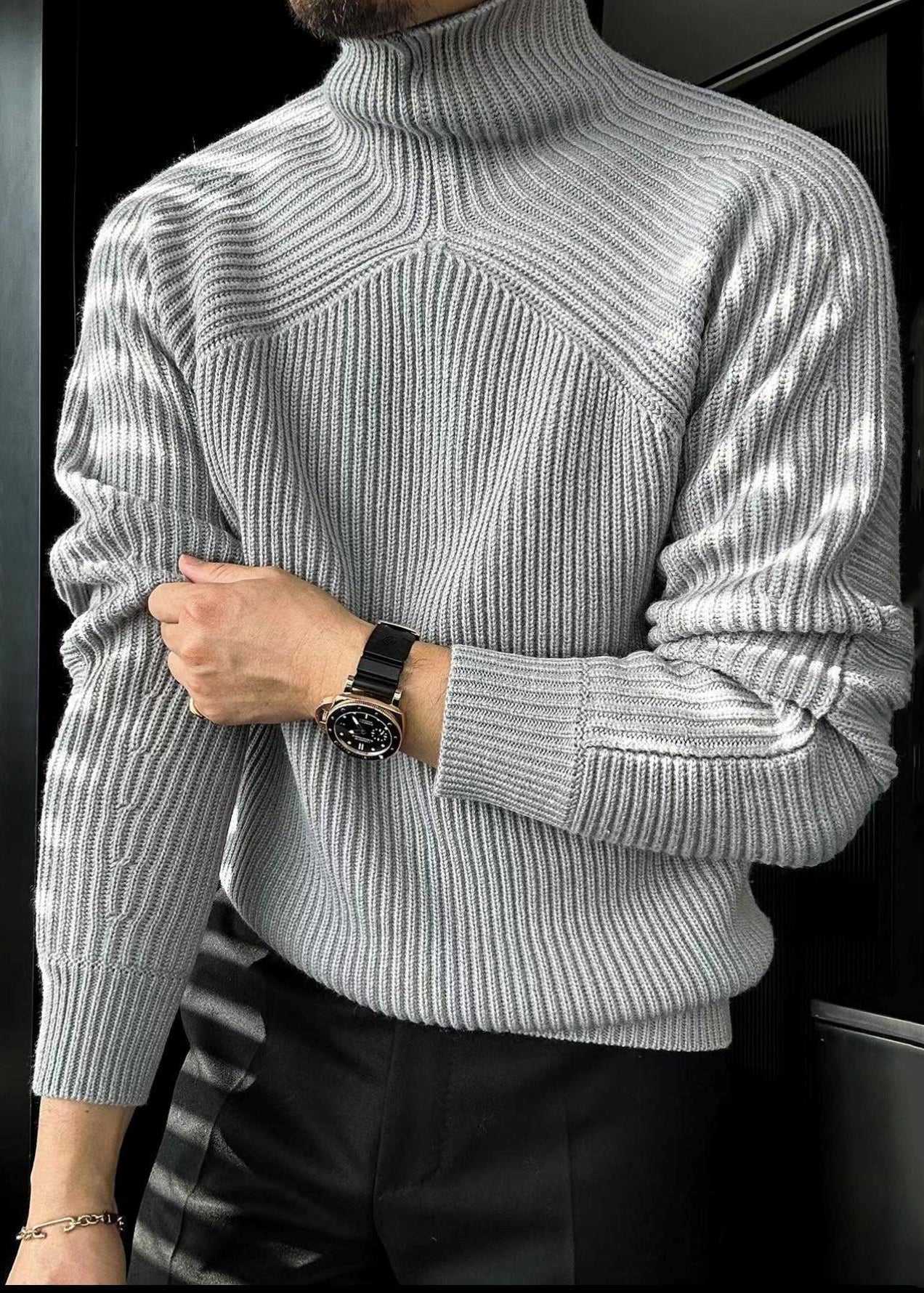 Striped Grey Turtleneck Knit Sweaters Winter