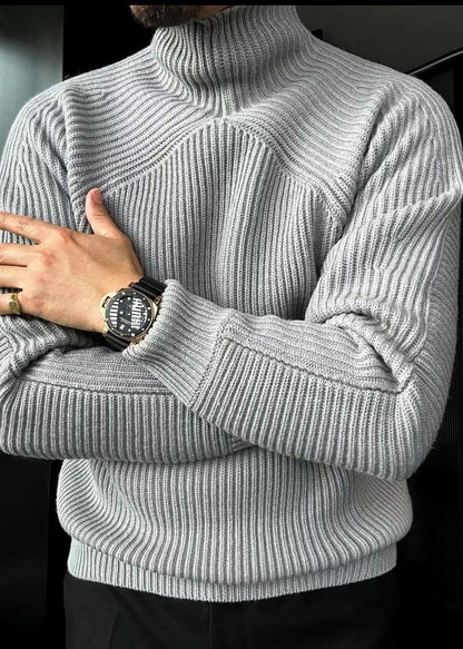 Striped Grey Turtleneck Knit Sweaters Winter