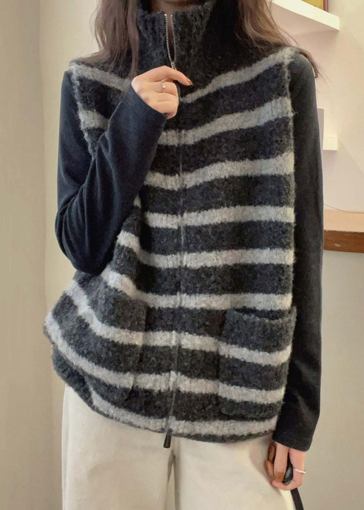 Striped Grey Zippered Patchwork Knit Waistcoat Sleeveless