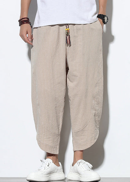 Striped Khaki Lace Up Pockets Cotton Crop Pants Summer