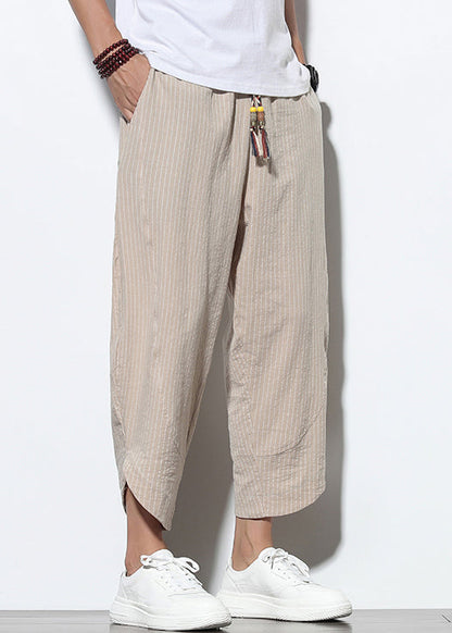 Striped Khaki Lace Up Pockets Cotton Crop Pants Summer
