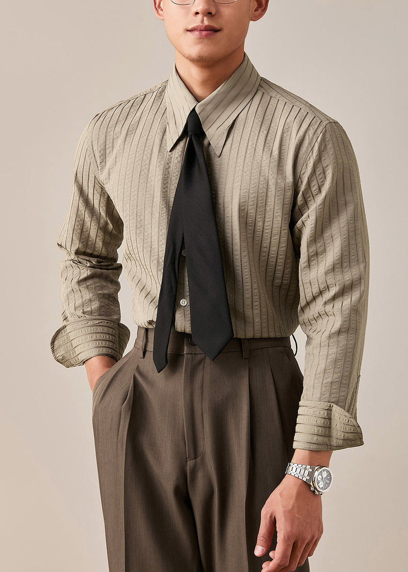 Striped Khaki Peter Pan Collar Button Cotton Shirt Fall