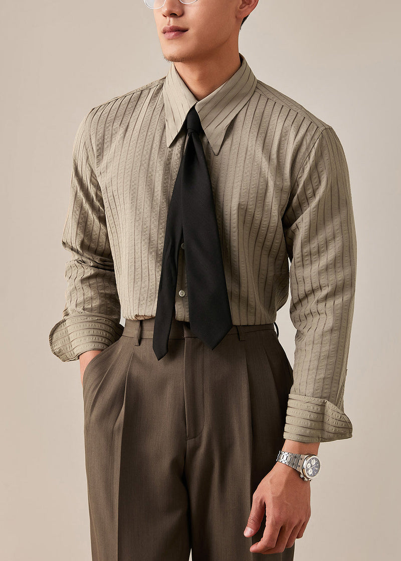 Striped Khaki Peter Pan Collar Button Cotton Shirt Fall