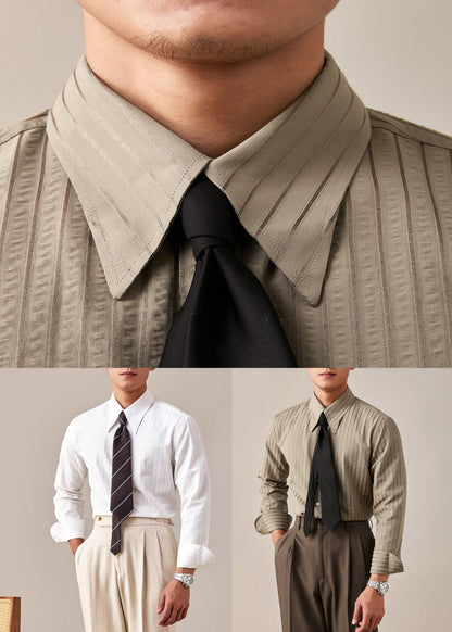 Striped Khaki Peter Pan Collar Button Cotton Shirt Men Fall
