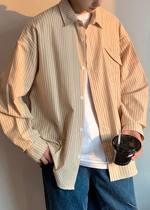 Striped Khaki Peter Pan Collar Pockets Cotton Shirt Men Spring