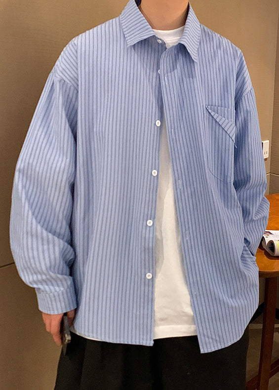 Striped Khaki Peter Pan Collar Pockets Cotton Shirt Men Spring