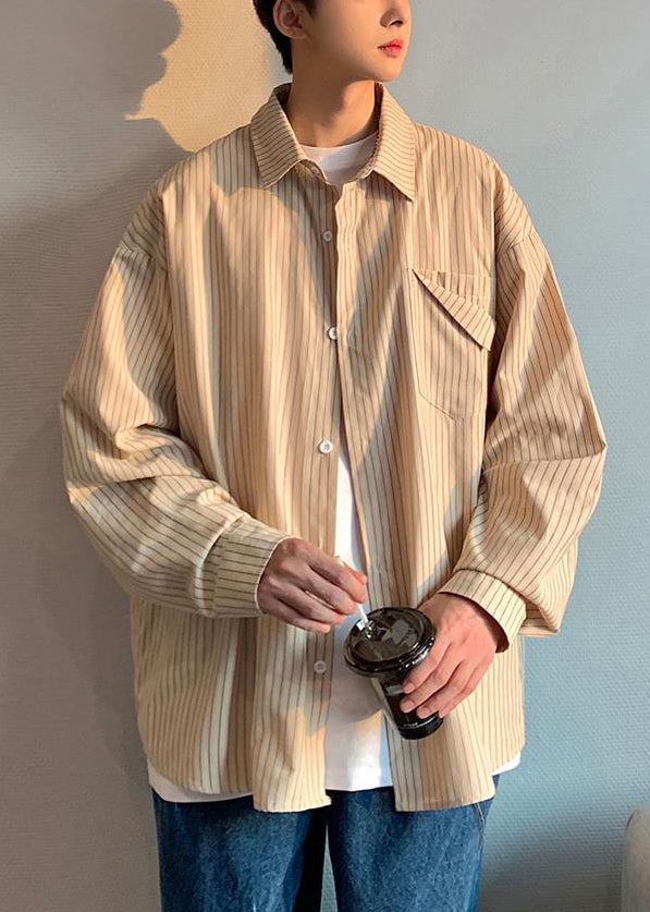 Striped Khaki Peter Pan Collar Pockets Cotton Shirt Spring