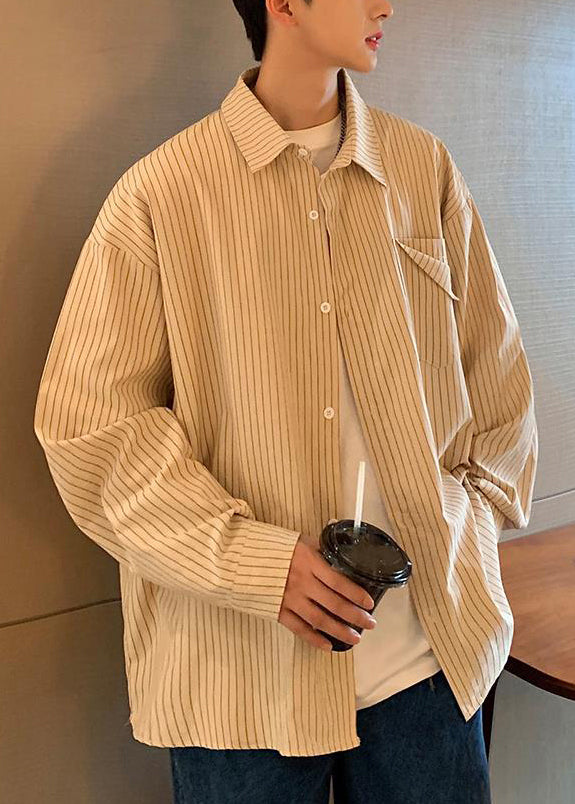 Striped Khaki Peter Pan Collar Pockets Cotton Shirt Spring