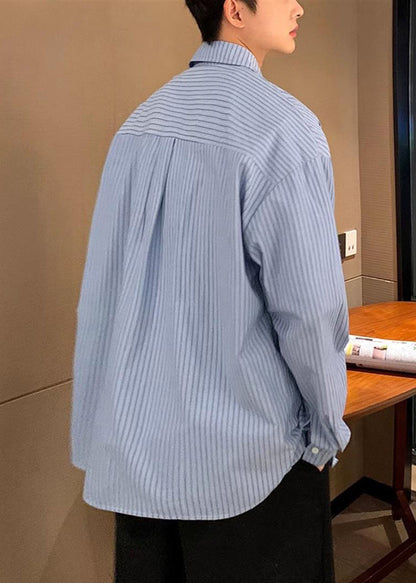 Striped Khaki Peter Pan Collar Pockets Cotton Shirt Men Spring
