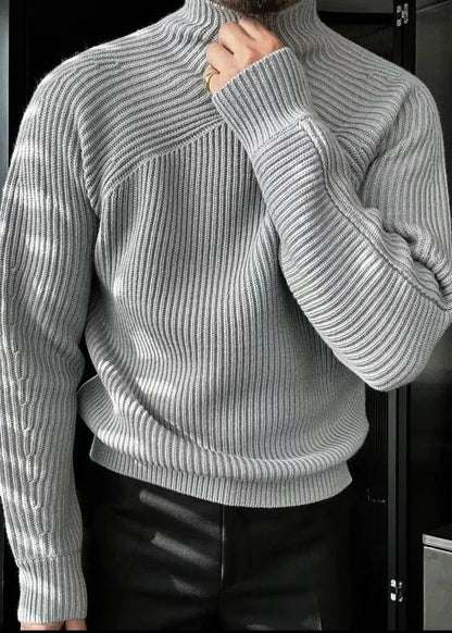 Striped Light Grey Turtleneck Knit Sweaters Winter