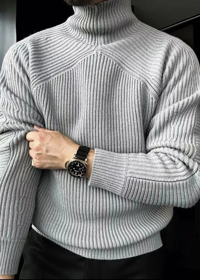 Striped Light Grey Turtleneck Knit Sweaters Winter