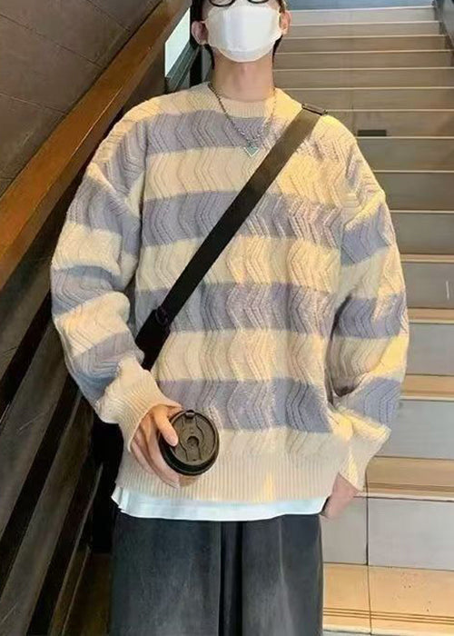 Striped Light Yellow O Neck Thick Patchwork Knitted Cotton Sweater Winter