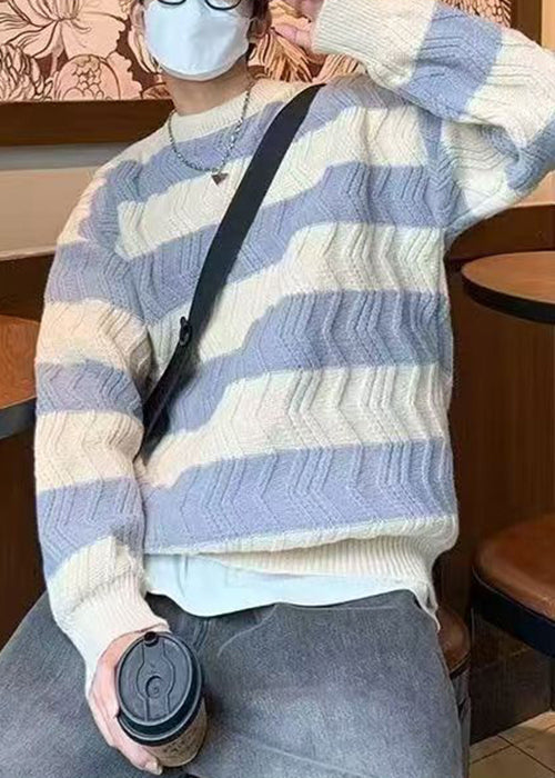 Striped Light Yellow O Neck Thick Patchwork Knitted Cotton Sweater Winter