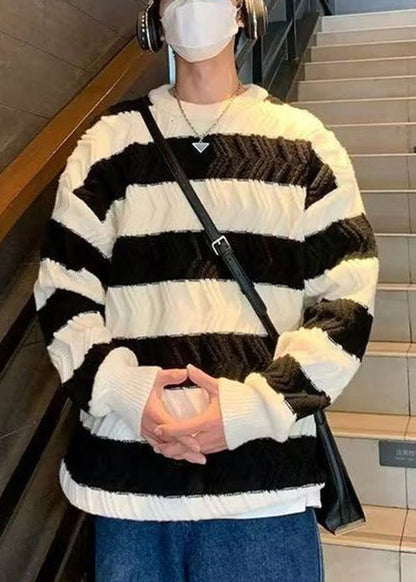 Striped Light Yellow O Neck Thick Patchwork Knitted Cotton Sweater Winter