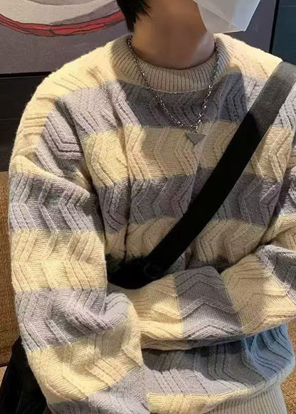 Striped Light Yellow O Neck Thick Patchwork Knitted Cotton Sweater Winter