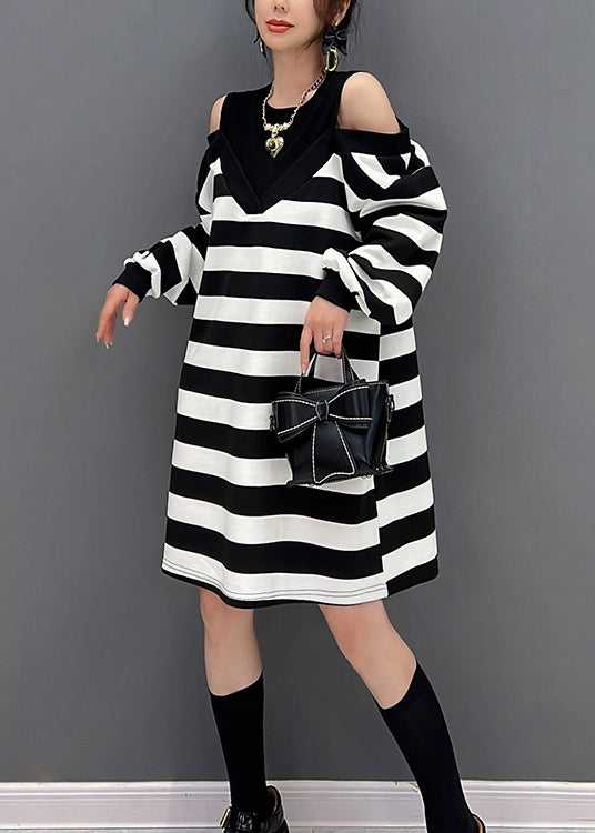 Striped O-neck Fake Two Pieces Knit Mid Dresses Winter