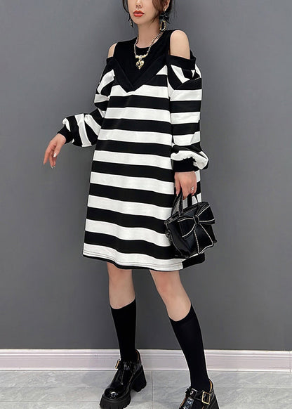 Striped O-neck Fake Two Pieces Knit Mid Dresses Winter